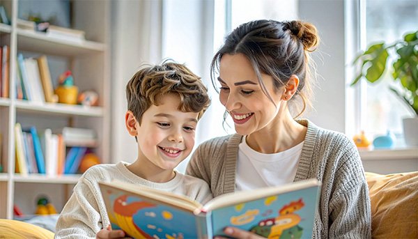 Smiling caregiver reads with child in bright room, representing Autism testing with warmth and clarity at Northern Sky Psychology.