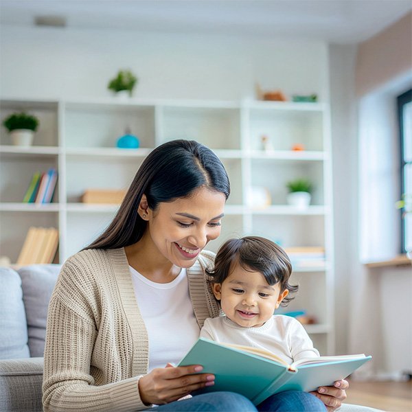 Smiling caregiver reads with toddler in cozy room, illustrating warm, developmentally informed early childhood assessment support.