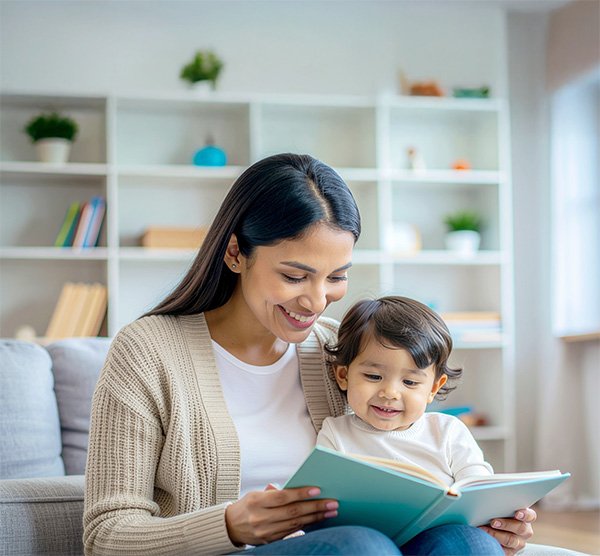 Caregiver and toddler reading together, symbolizing early childhood consultation and developmental support at Northern Sky Psychology.