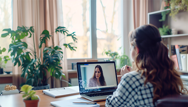 Telehealth Therapy – Northern Sky Psychology Therapist in virtual session on laptop, symbolizing secure, accessible Telehealth services for clients in Arizona and PSYPACT states.