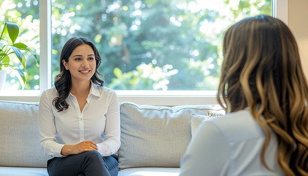 Therapist meets with adult client in bright, calm office—representing adult therapeutic assessment with reflection and guidance.